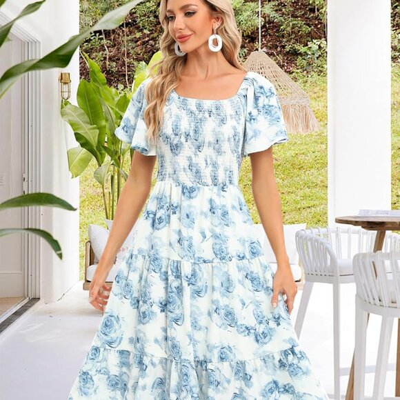 Women's Floral Summer Smocked Midi Dress Boho Square Neck Off-Shoulder - Picture 2 of 6